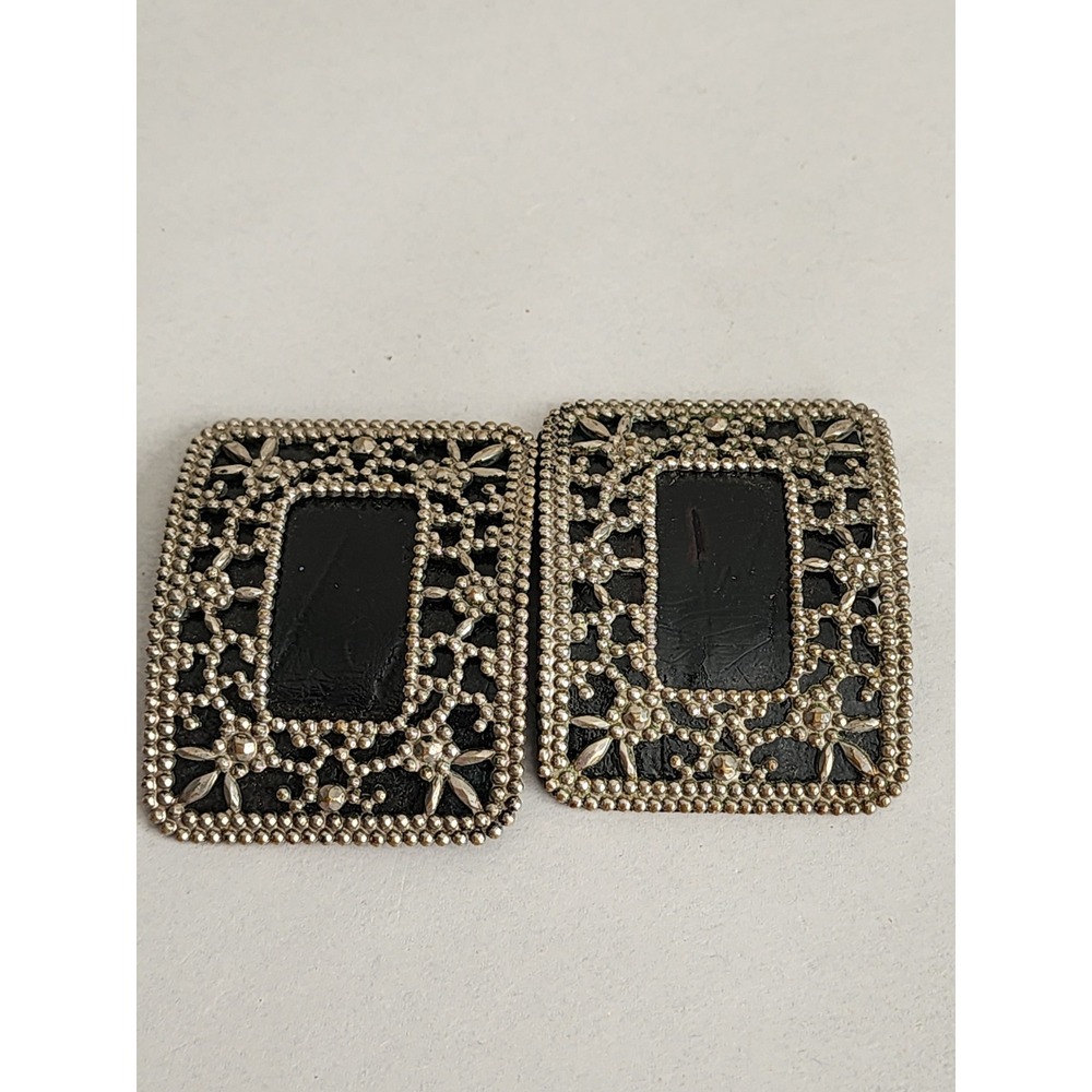 Antique Cut Steel Shoe Buckles Pair Floral Black Backing Victorian Edwardian